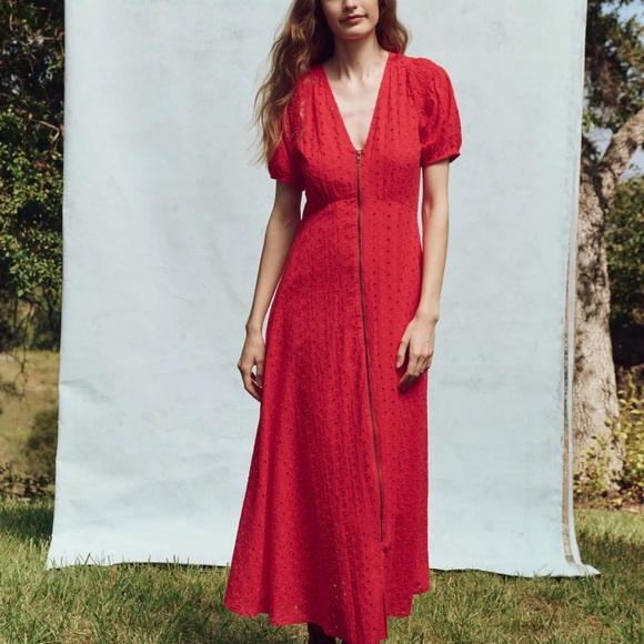 THE GREAT Red Puff Sleeve V-Neck Midi Dress - Picture 1 of 6